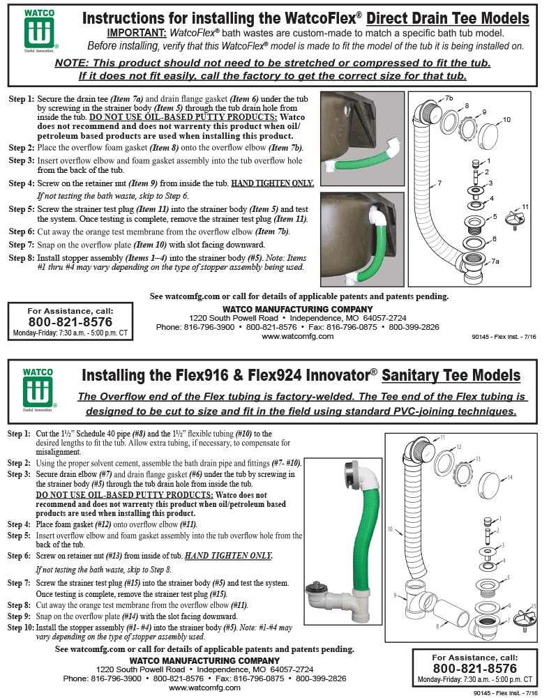 Instructions for installing the Flex916 / Flex924 Bath Waste Assemblies